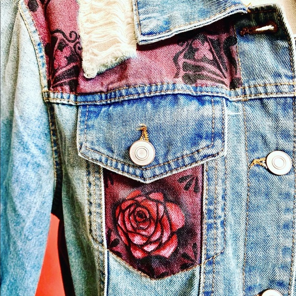 Raven Gothic Handpainted on new distressed denim jacket SZ XL womens Crow - Picture 6 of 10